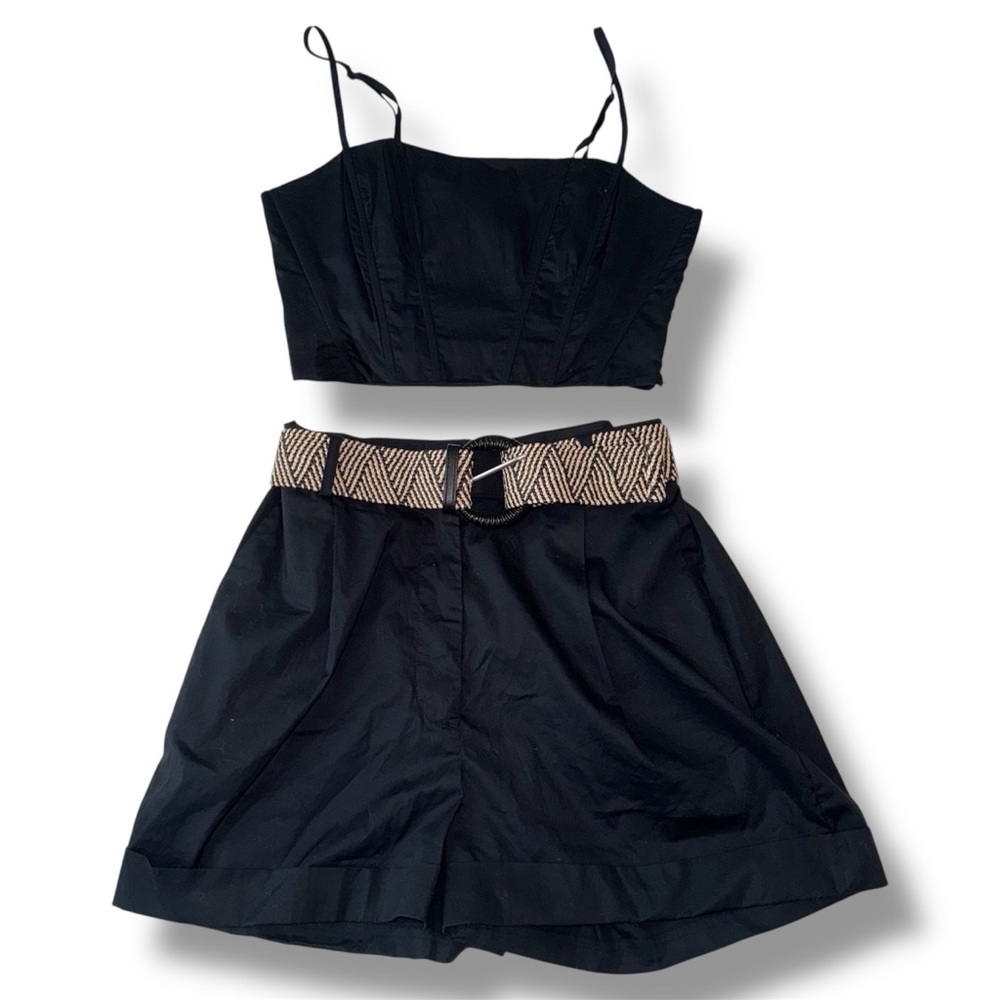 NWT Jason Wu Two-Piece Black Tan Belted Shorts & Corset Crop Top Set Size Small